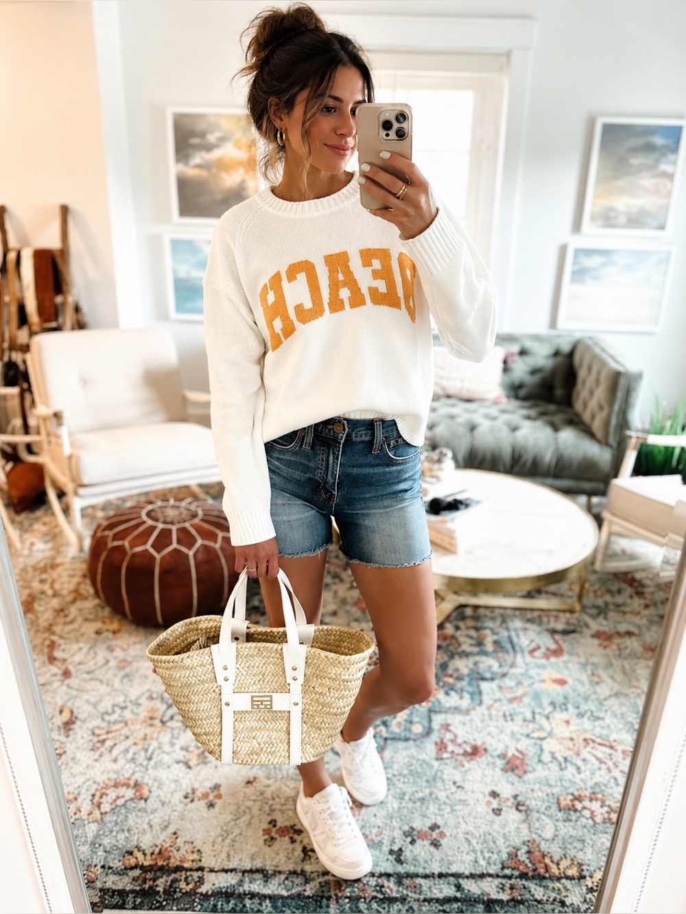 Z SUPPLY BEACH Graphic Knit Sweater White Orange Coastal Preppy Summer Pullover